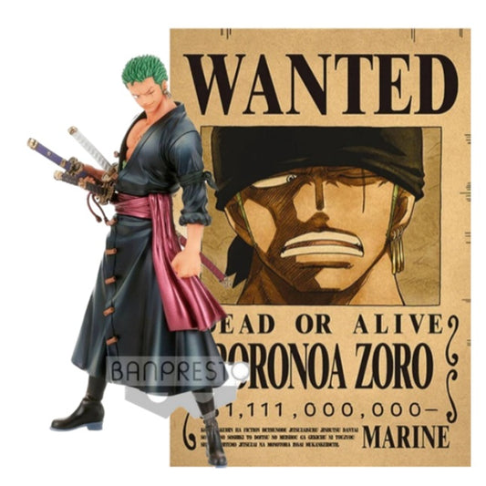 ONE PIECE, L'ala Roronoa Zoro Statua Banpresto + Poster, Taglia Roronoa Zoro.