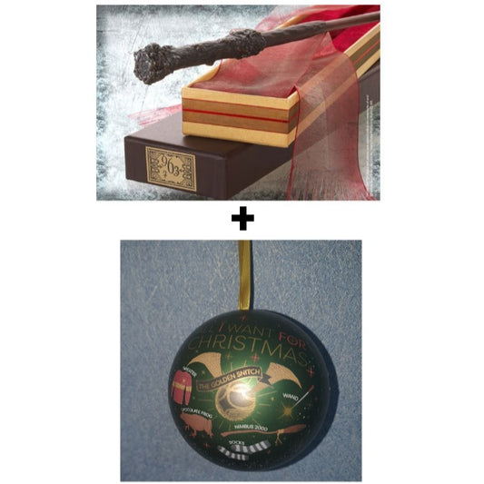 HARRY POTTER, Bacchetta Harry Potter Ollivander + Pallina di Natale con ciondolo all'interno.